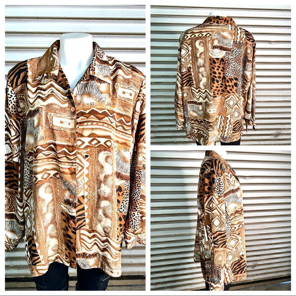 Vintage blouse by Impressions Safari print with animals brown, white, orange